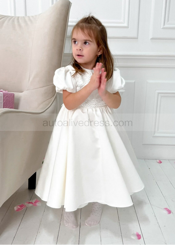 Ivory Satin Lace Chic Flower Girl Dress Baptism Dress